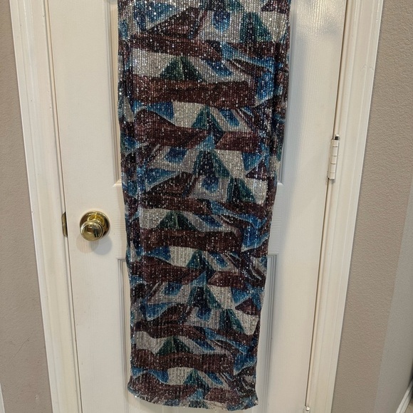 BLANC 2 Piece Maxi Blue Silver Maroon Geo Patterned Sequins Women’s Size XS/S - Picture 6 of 11